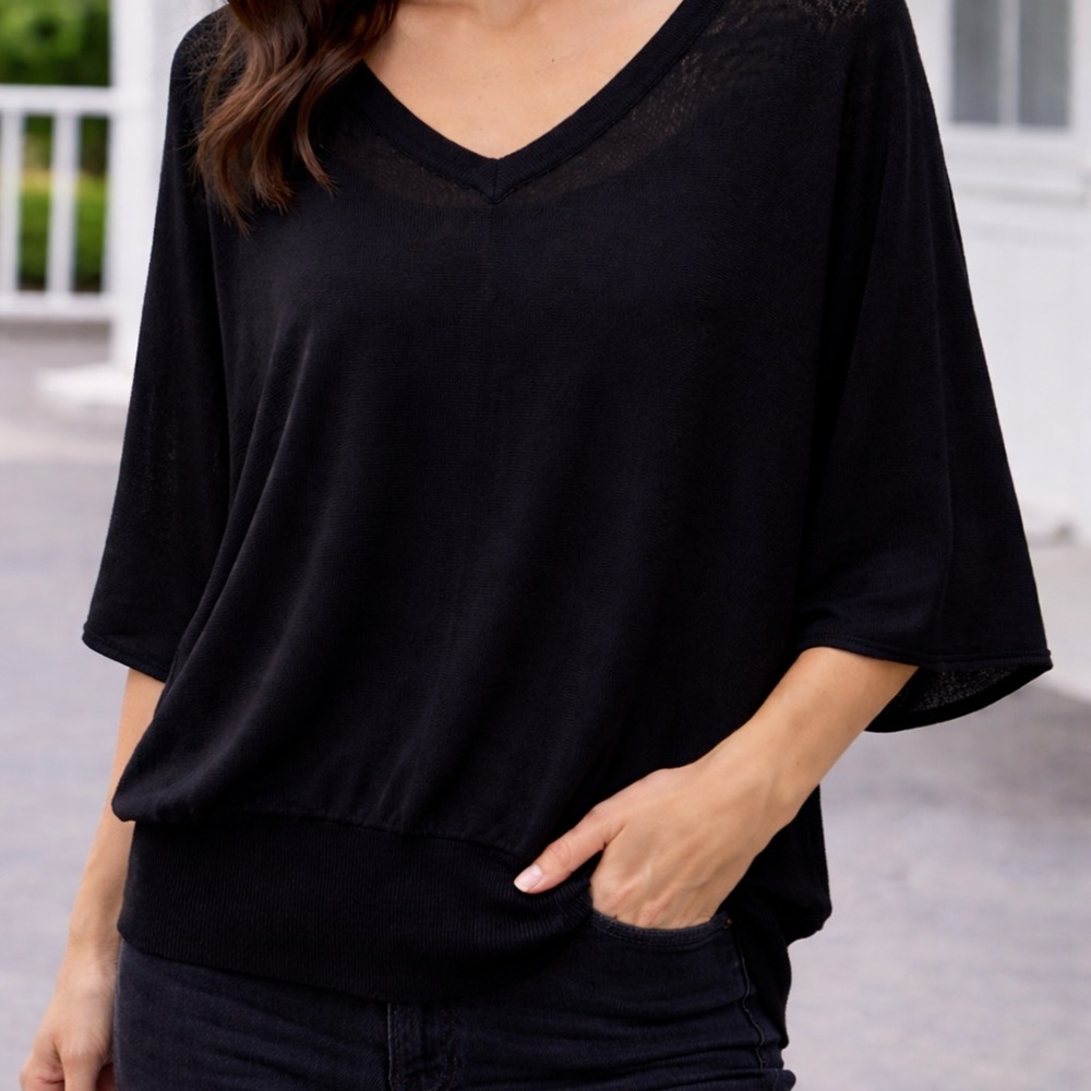Black V-Neck Batwing Sleeve Top